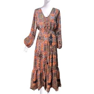 Anthropologie Long Sleeve V-neck Maxi Paisley Tassel Dress Size Large